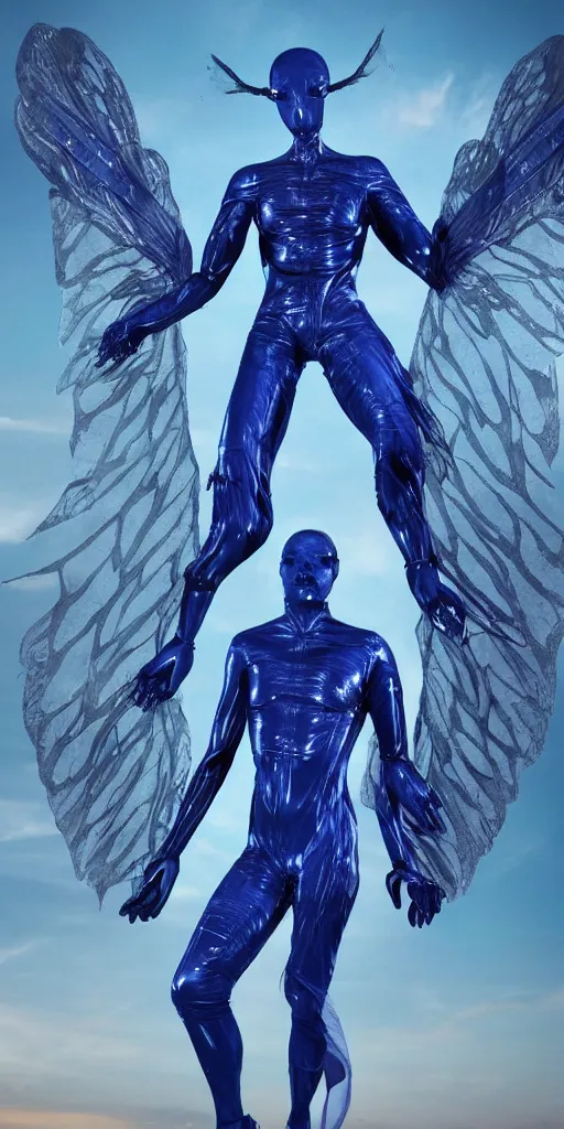 Image similar to full body male alien with cyberangel wings, tattoos cover all over him blue skin in a terrifying pose, transparent silk outfit flowing in the wind by bruce labruce, digital art, redshift render, hyperrealistic