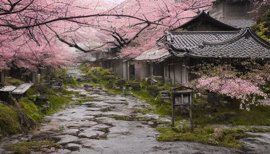 Prompt: abandoned japanese village, cherry blossoms, rainy day, hyperdetailed, artstation, cgsociety, 8 k