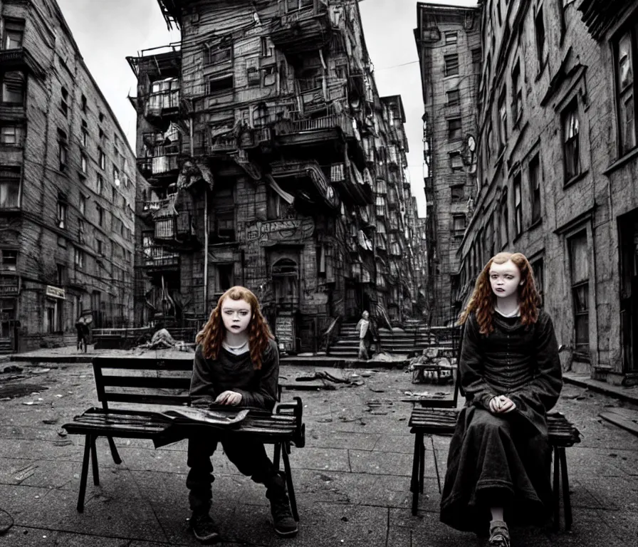 Image similar to mid shot of sadie sink in hoodie sits on bench in ruined square, pedestrians walk by | steampunk tenement windows in background : storyboard, scifi cyberpunk. by gabriel hardman. cinematic atmosphere, detailed and intricate, perfect anatomy