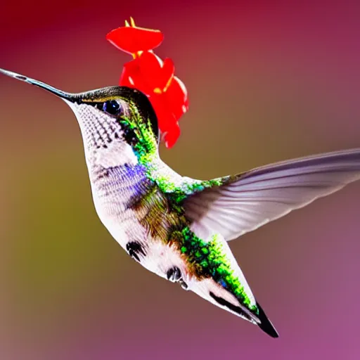 Image similar to a hummingbird finding a beautiful flower, entrapped in ice, only snow in the background, beautiful macro photography, warm ambient light