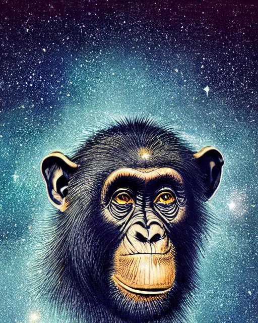 Image similar to blue, gold, very detailed high resolution illustration portrait of a chimpanzee head floating in space, backlit, night covered in stars, 3 d, 8 k, extremely detailed, artstation, award winning, sharp focus, illustration