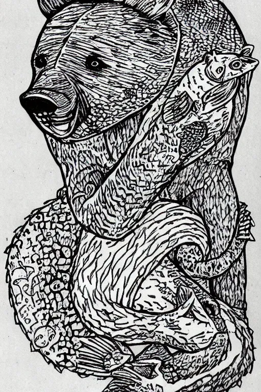 Prompt: an extremely high quality hd, a drawing of a bear and a fish, a woodcut by gary panter, deviantart, underground comix, lovecraftian, woodcut, cosmic horror, 8 k, ultra realistic, very realistic