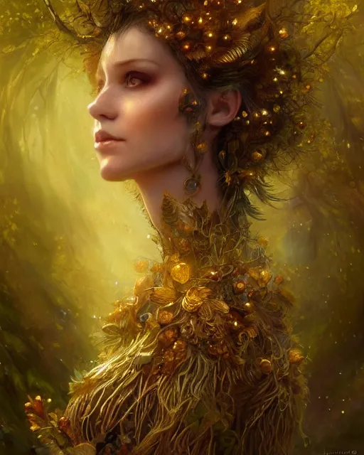 Image similar to dryad, perfect face, gold waistcoat, cinematic, stunning, highly detailed, digital painting, artstation, smooth, hard focus, illustration, art by jessica rossier and and brian froud