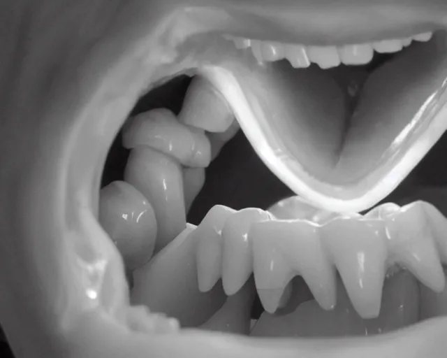 Image similar to a dentist's view of a wide open mouth with a lot of teeth. the teeth are glowing with an unknown holy presence.