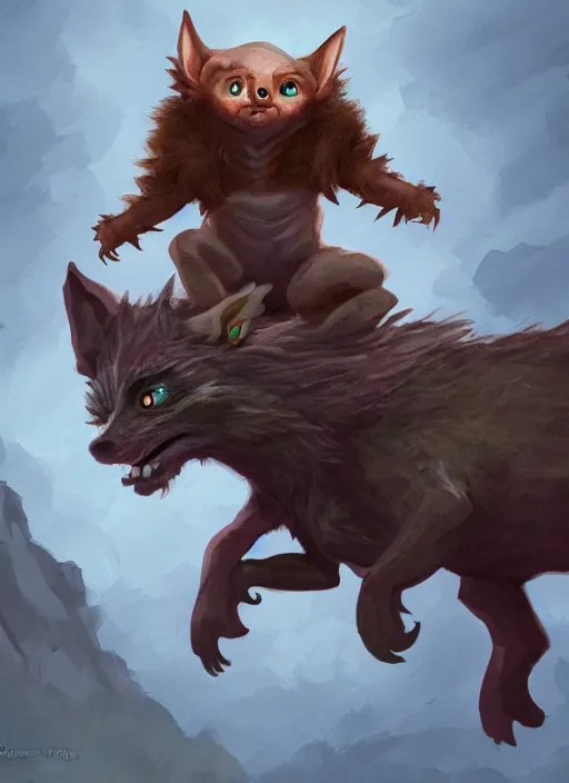 Prompt: Tiny Goblin with no legs riding a giant wolf, digital painting, 8k, HD