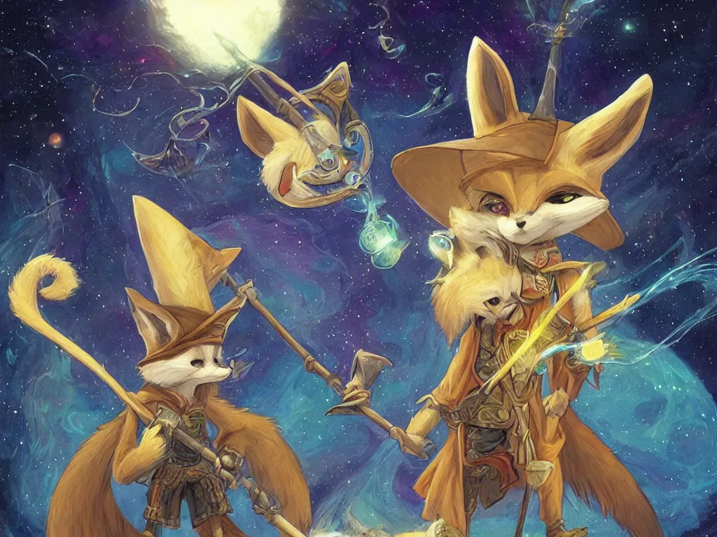 Prompt: an image of a anthropomorphic fennec wizard with a wizard hat holding a staff and a book casting a cinematic spell through space and time, art by terese nielsen, aruurara あるうらら, magali villeneuve, artstation