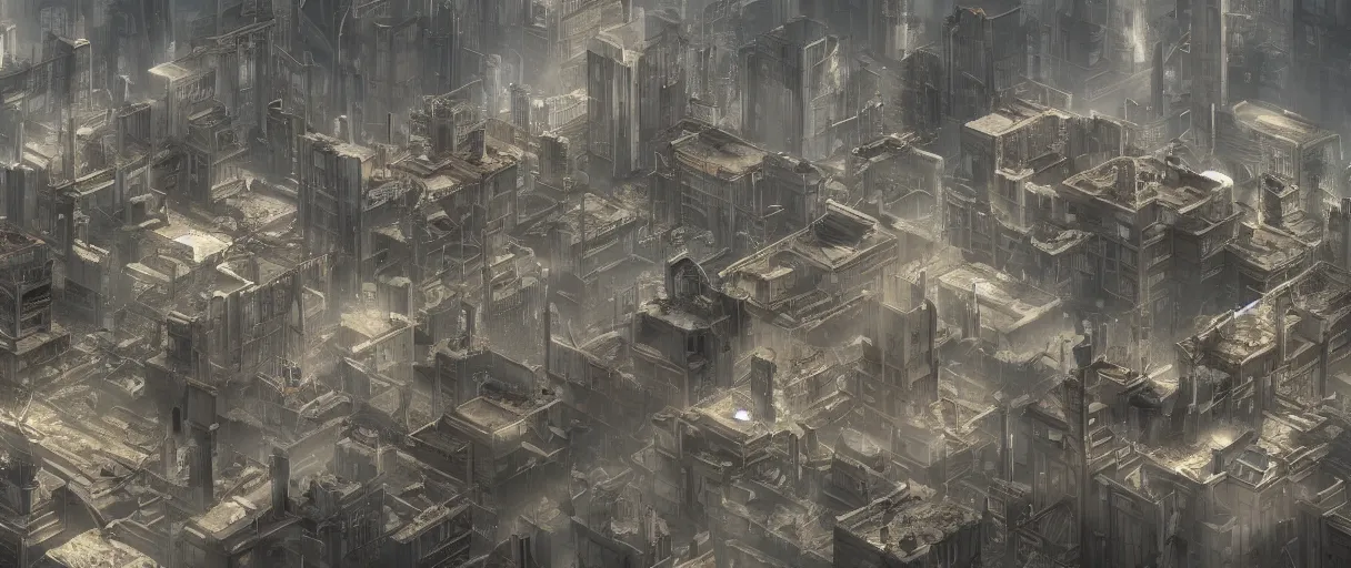 Prompt: dystopian city, with a large visible wall around it