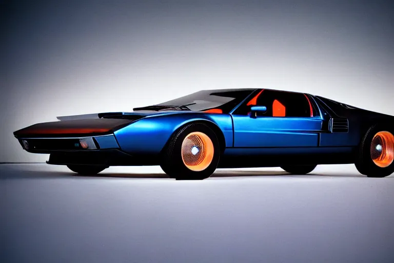 Image similar to designed by john delorean stylized poser of a single 1 9 6 9 fastback mustang ( mk 2 ford gt 4 0 ) delorean, large led lights, ektachrome photograph, volumetric lighting, f 8 aperture, cinematic eastman 5 3 8 4 film