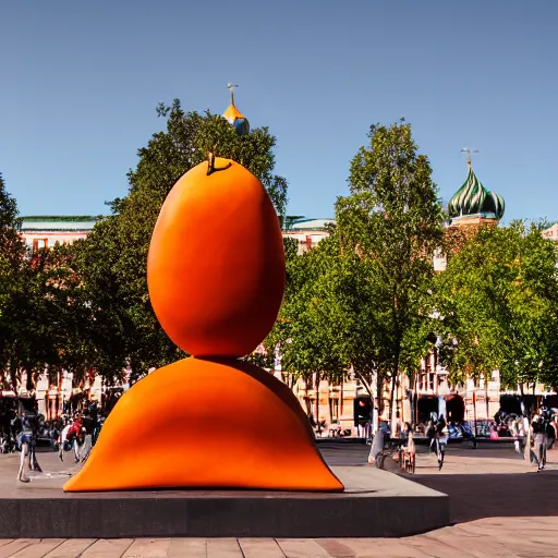 Prompt: symmetrical photo of giant mango sculpture on red square, super wide shot, bokeh, golden hour