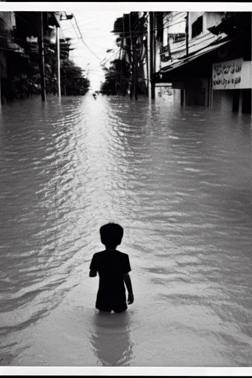 Image similar to photo polaroid of sad and lonely child in the middle of a completely flooded street in bangkok, loneliness, black and white ,photorealistic, 35mm film,