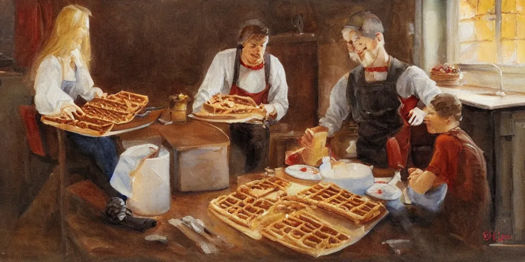 Image similar to A couple baking waffles together, oil painting, romantic