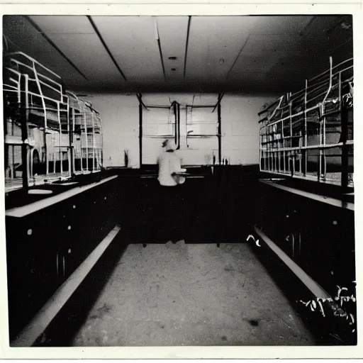 Prompt: old black and white closeup polaroid photograph of a laboratory with a sick test subject in a cage, scary, evil looking, wide angle shot