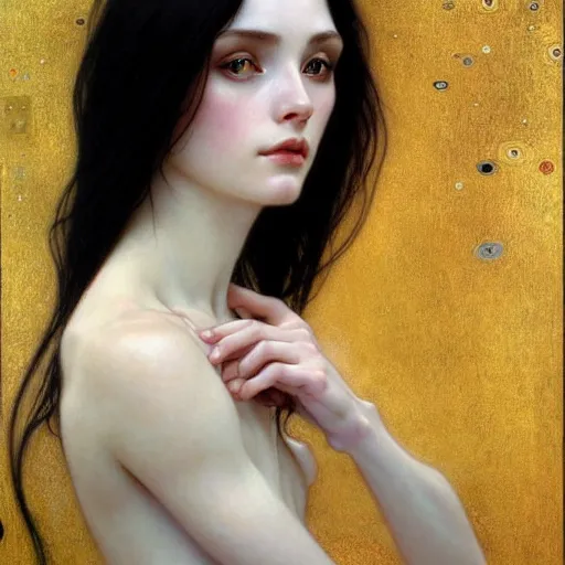 Image similar to portrait of a beautiful, pale skin, female with long black hair, dark, piercing eyes, gentle expression, elegant clothing, photorealistic, highly detailed, artstation, smooth, sharp focus, art by gustav klimt, artgerm, greg rutkowski and alphonse mucha