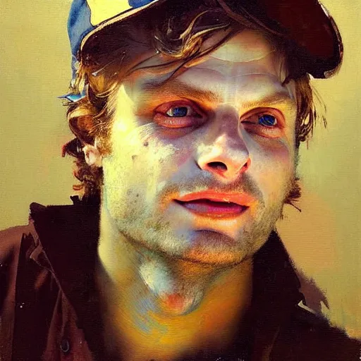 Image similar to portrait of mac demarco, detailed face, detailed painting, epic lighting, by ilya repin, phil hale and kent williams