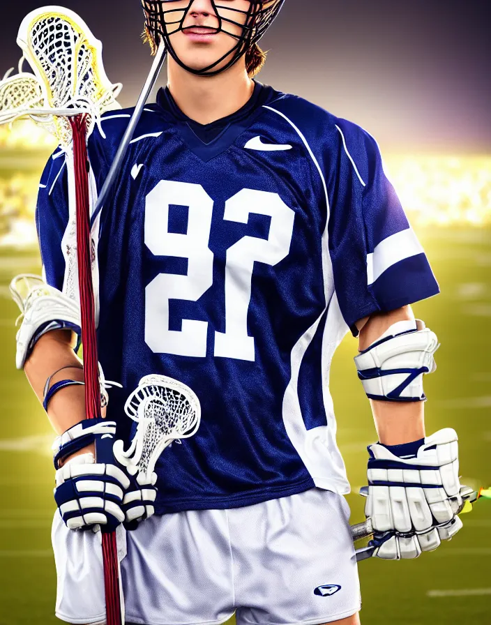 Image similar to closeup portrait of very beautiful cute male lacrosse player in a penn state stadium, glamour pose, particle effects, backlit, highly detailed, soft ambient lighting, sharp focus, rule of thirds, artgerm, wlop, arney freytag, rossdraws, frank frazetta, andrei riabovitchev, hd, octane, 4 k