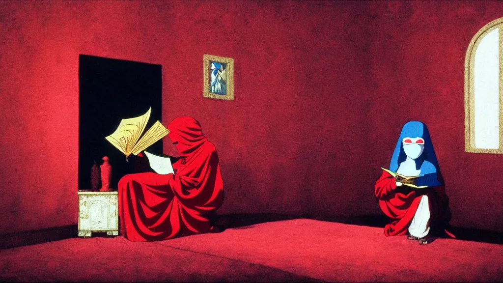 Prompt: a fortune teller wearing a mask sits in a red velvet room reading a fortune, film still from the movie directed by Studio Ghibli with art direction by Zdzisław Beksiński and Salvador Dalí, wide lens