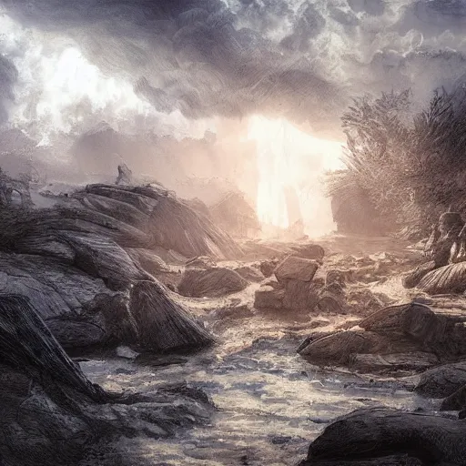 Image similar to portrait of Pythagoreans primeval waters, dynamic lighting, cinematic, establishing shot, extremely high detail, photo realistic, cinematic lighting, oil painting, intricate line drawings