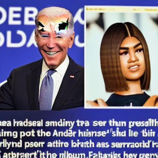 Prompt: Joe Biden holding a press conference to announce his marriage to Zendaya, newspaper still