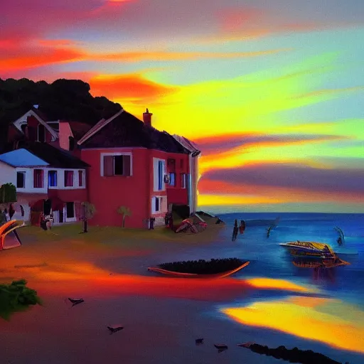 Image similar to sunset on a village by the sea, colorful, trending on artstation