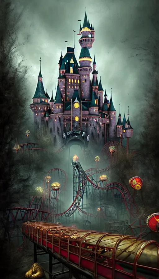 Prompt: michal karcz grunge painting of an amusement park, monster and horror theme. One horror-themed Cinderella Castle in the background. Rollercoaster, monster theme, detailed, elegant, intricate, 4k,