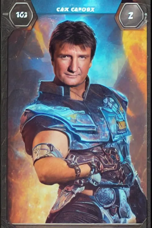 Image similar to card game of nathan fillion, full - view, futuristic, nft