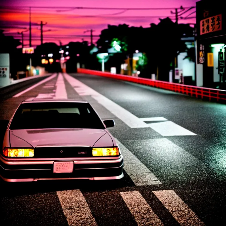 Image similar to close-up-photo JZX90 drift middle of street, sunset kanagawa prefecture, night, cinematic color, photorealistic, highly detailed,