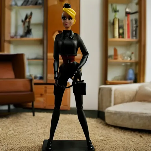 Prompt: amazing beautiful Spy from Team Fortress 2 barbie doll wearing leather in the living room, film still from the movie directed by Denis Villeneuve , wide lens