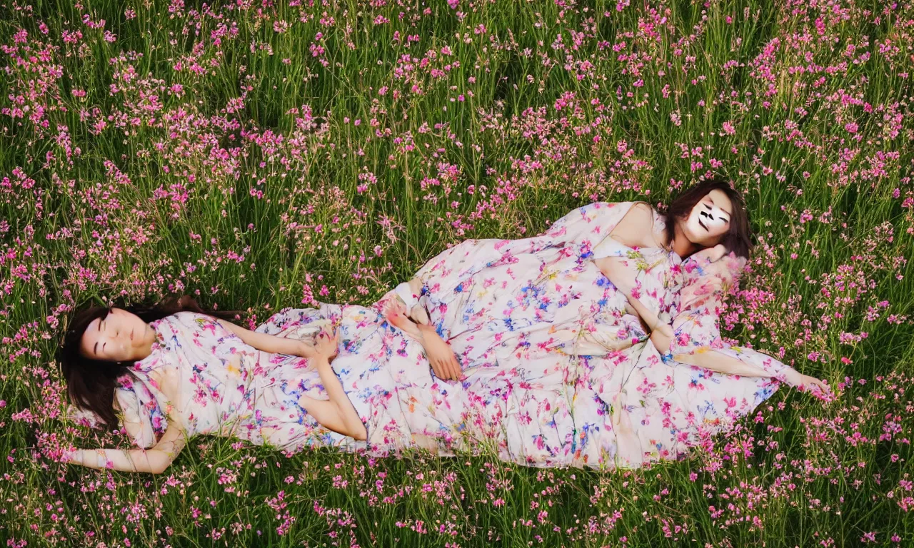 Image similar to a beautiful young Asian woman lying in a field of wildflowers, wearing a sun dress, portrait, dreamy