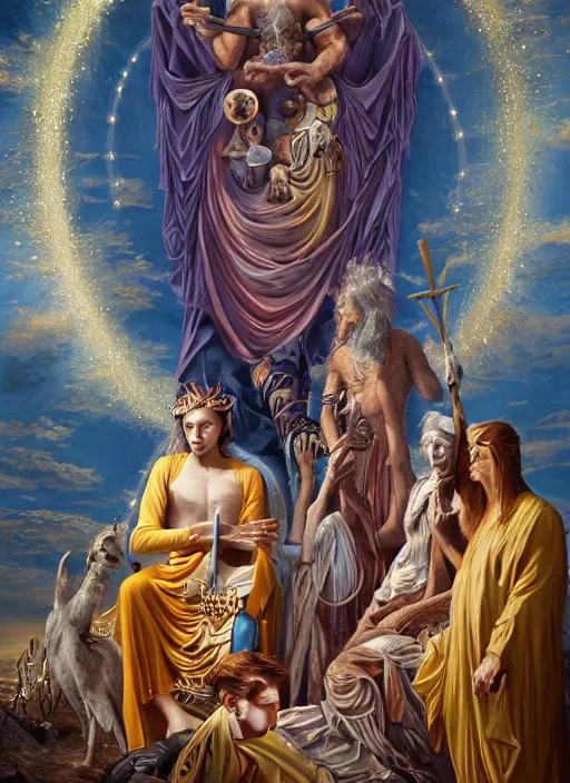 Image similar to transcendental adoration of the magi, occult rune symbolism epic surrealism 8k oil painting, portrait, perspective, high definition, post modernist layering, by Peter Kemp, Casey Weldon, Sean Yoro