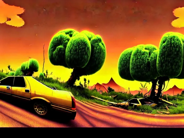 Image similar to low angle shot of tree growing inside scrap car in the foreground. overgrown. soft golden red sunset over the mountains in the background. clouds. detailed leaves, the style of 1 9 9 0's cg graphics against the cloudy night sky, lsd dream emulator psx, 3 d rendered y 2 k aesthetic by ichiro tanida, 3 do magazine, wide shot