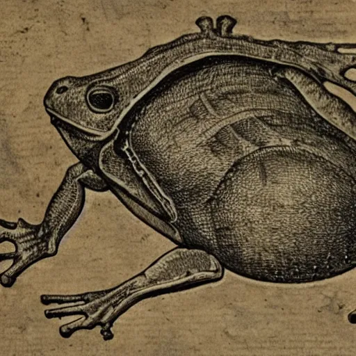 Image similar to an detailed anatomical diagram depicting the dissection of a frog. 15th century medical textbook. high quality etching.