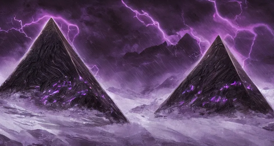 Image similar to black lovecraftian eldritch!! obsidian pyramid!! purple light beams on a snowy mountain, being found by explorers, snowy, windy, by eugene von guerard, ivan shishkin, night, red lightning!!, storm!, dramatic lighting, concept art, trending on artstation, 8 k