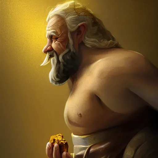 Image similar to portrait of a dwarf showing off the humongous raw gold nugget with organically sculpted lines, realistic, beautiful, fantasy art, dnd, lord of the rings, mid - shot, moody lighting, by eyvind earle, wlop, artgerm, concept art, sharp focus, ray tracing