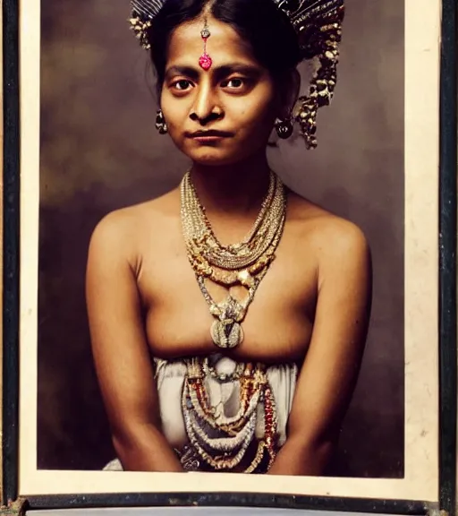 Image similar to vintage_closeup portrait_photo_of_a_stunningly beautiful_nepalese_woman with amazing shiny eyes, 19th century, hyper detailed by Annie Leibovitz