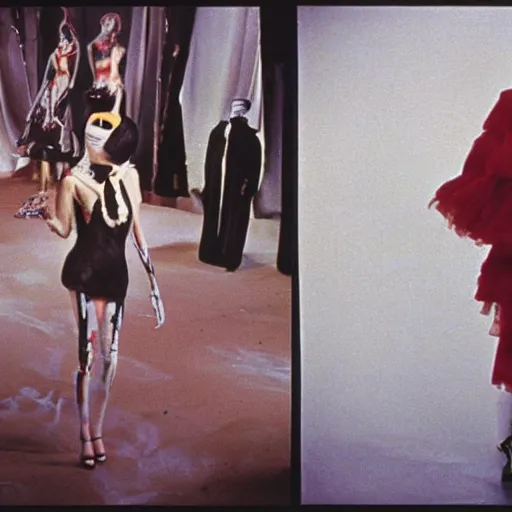 Prompt: 3 5 mm color photography, joel - peter witkin and stephen gammell, vogue shoot video still of masked giallo fashion show