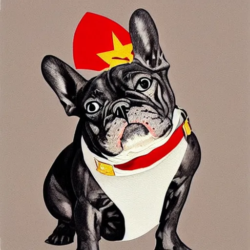 Image similar to a detailed and complex, highly detailed, concept art, soviet propaganda poster depicting a french bulldog. painting by irakli toidze