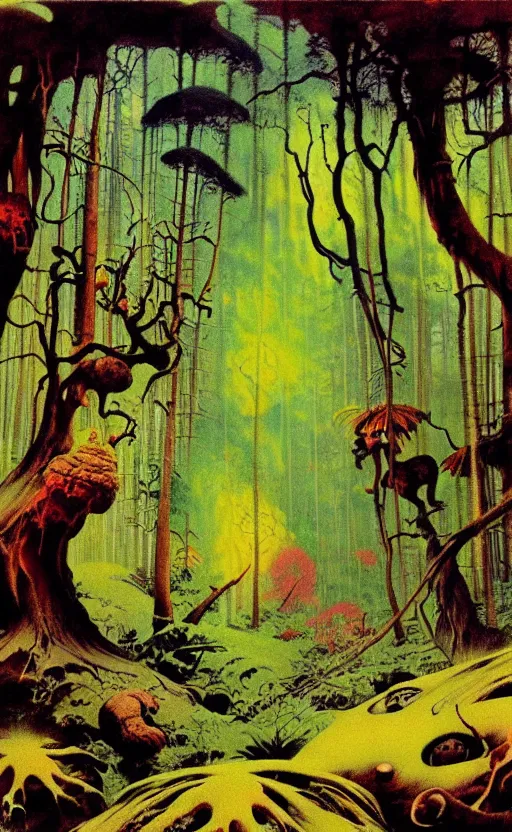Image similar to trippy psychedelic enchanged forest illustration by frank frazetta