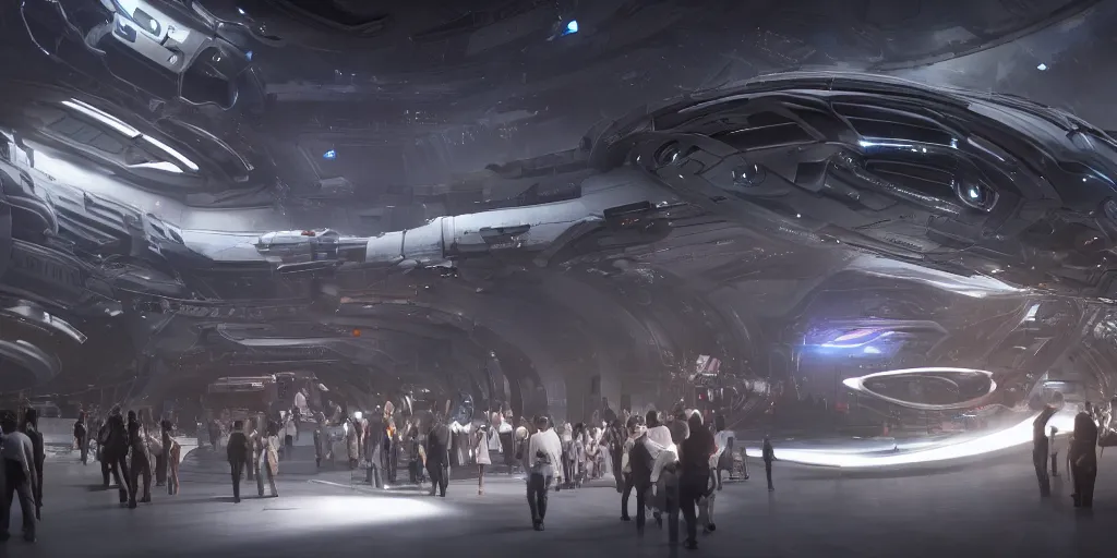 Prompt: cinematic movie scene, 200mm wide shot, precise architectural rendering, beautiful Product shot film still of a futuristic detailed pig themed battle-armored space ship with bright headlights in a busy futuristic spaceport filled with people, motion, hard surface modeling, volumetric soft lighting, style of Stanley Kubrick cinematography, 8k H 768