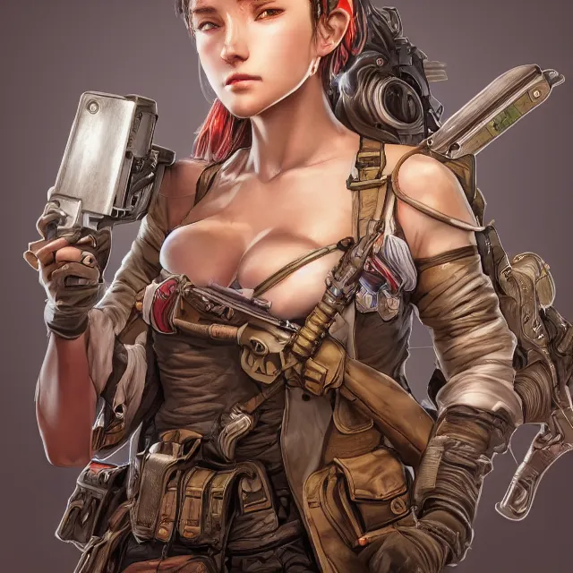 Image similar to the portrait of lawful neutral semi - colorful female infantry gunner as absurdly beautiful, gorgeous, elegant, young gravure idol, an ultrafine hyperdetailed illustration by kim jung gi, irakli nadar, intricate linework, bright colors, octopath traveler, final fantasy, unreal engine 5 highly rendered, global illumination, radiant light, detailed and intricate environment