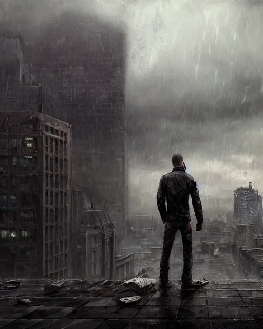 Image similar to epic portrait cinematic shot two survivors standing on a rooftop, apocalyptic city backround, cloudy, stormy, rainy, wet, fine details. night setting. realistic shaded lighting poster by craig mullism, artgerm, jeremy lipkin and michael garmash, unreal engine, radiant light, detailed and intricate environment, digital art, trending on art station,