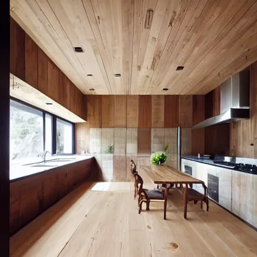 Prompt: “extravagant luxury modern rustic kitchen interior design, by Tadao Ando and Koichi Takada, Japanese and Scandinavian design, flowers, wooden floor”