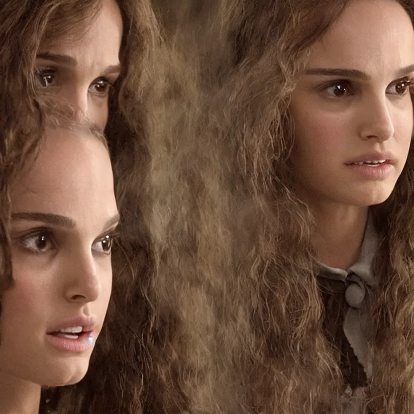 Image similar to natalie portman as hermione granger, ultra realistic, harry potter movie screenshot, cinematic, sense of awe