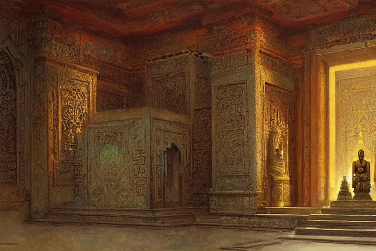 Image similar to mausoleum, buddhism, maze, painting by gaston bussiere, greg rutkowski