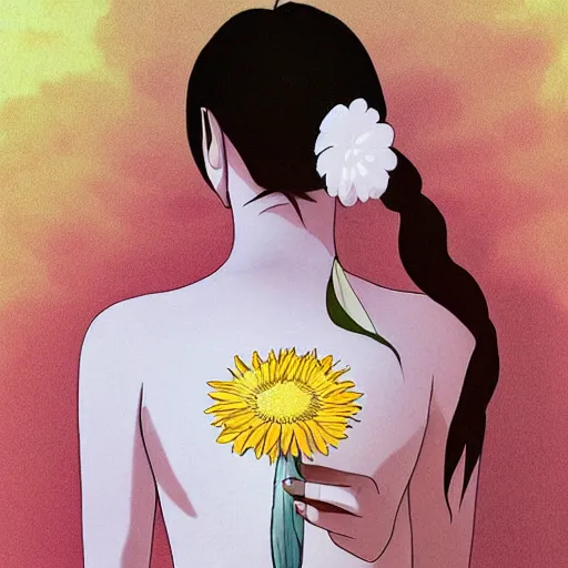 Image similar to white bird holding a flower cinematic composition, studio ghibli, digital art, cute