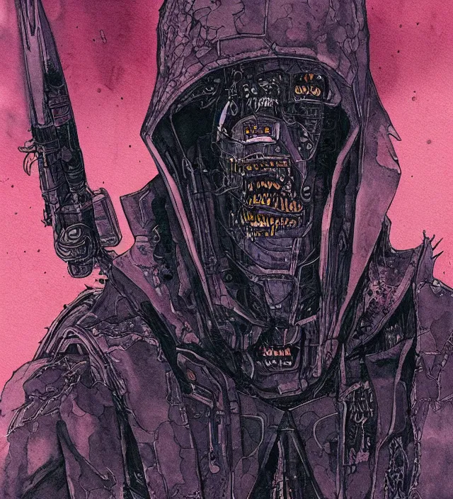 Image similar to a watercolor ink painting of a cyberpunk grimdark demon in the style of jean giraud in the style of moebius trending on artstation deviantart pinterest detailed realistic hd 8 k high resolution