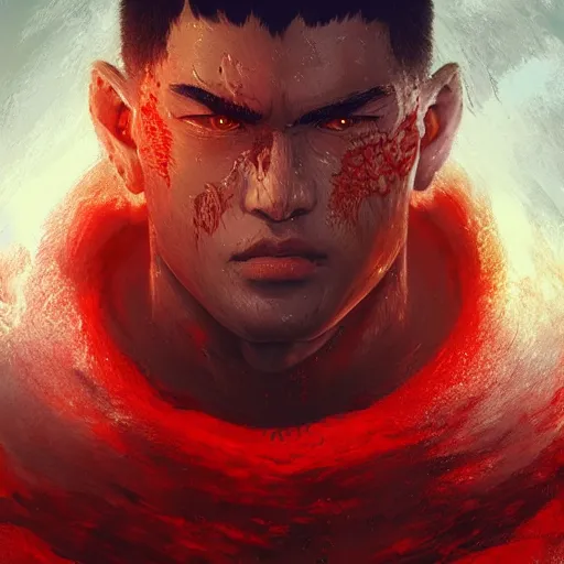 Prompt: portrait of guts from berserk submerged in red water, extremely detailed, made by wlop, maxwell boas, Naranbaatar Ganbold