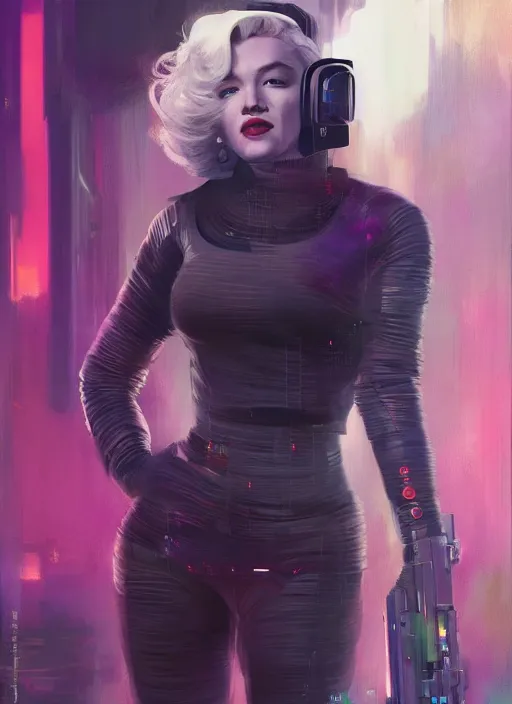 Prompt: Feminist Marilyn Monroe with spacebuns. Cyberpunk assassin in tactical gear. blade runner 2049 concept painting. Epic painting by James Gurney, Azamat Khairov, and Alphonso Mucha. ArtstationHQ. painting with Vivid color. (rb6s, Cyberpunk 2077)