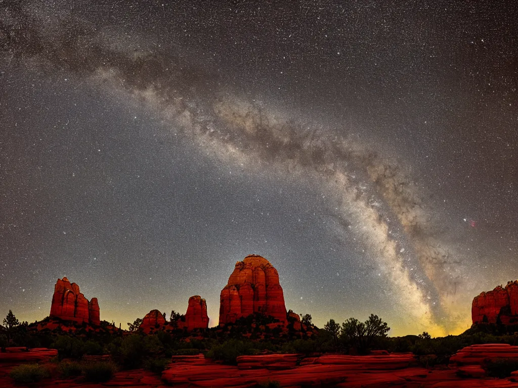 Image similar to long distance shot, sedona's cathedral rock bluff, night, milky way, intricate lines, elegant, extreme detail, sharp focus, photo realistic, ultra realistic, photographic