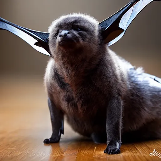 Prompt: sad bat sits at the floor, photo