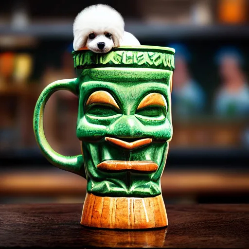 Image similar to a photorealistic photograph of a Trader Vic's Tiki Mug featuring a Bichon Frisé puppy at bar Trending on Artstation, featured on Behance, well-rendered, Unreal Engine, 4K HD